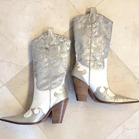 PARA RAIO Genuine Leather Western Silver & White Cowgirl Boots, Sz 9 - Picture 2 of 16